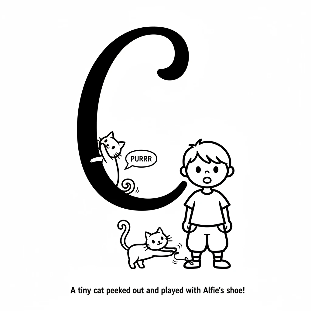 Next, a graceful letter 'C' fills the page. With a soft purr, a tiny, adorable cat with a long tail peeks out from behind the 'C'. It stretches and th