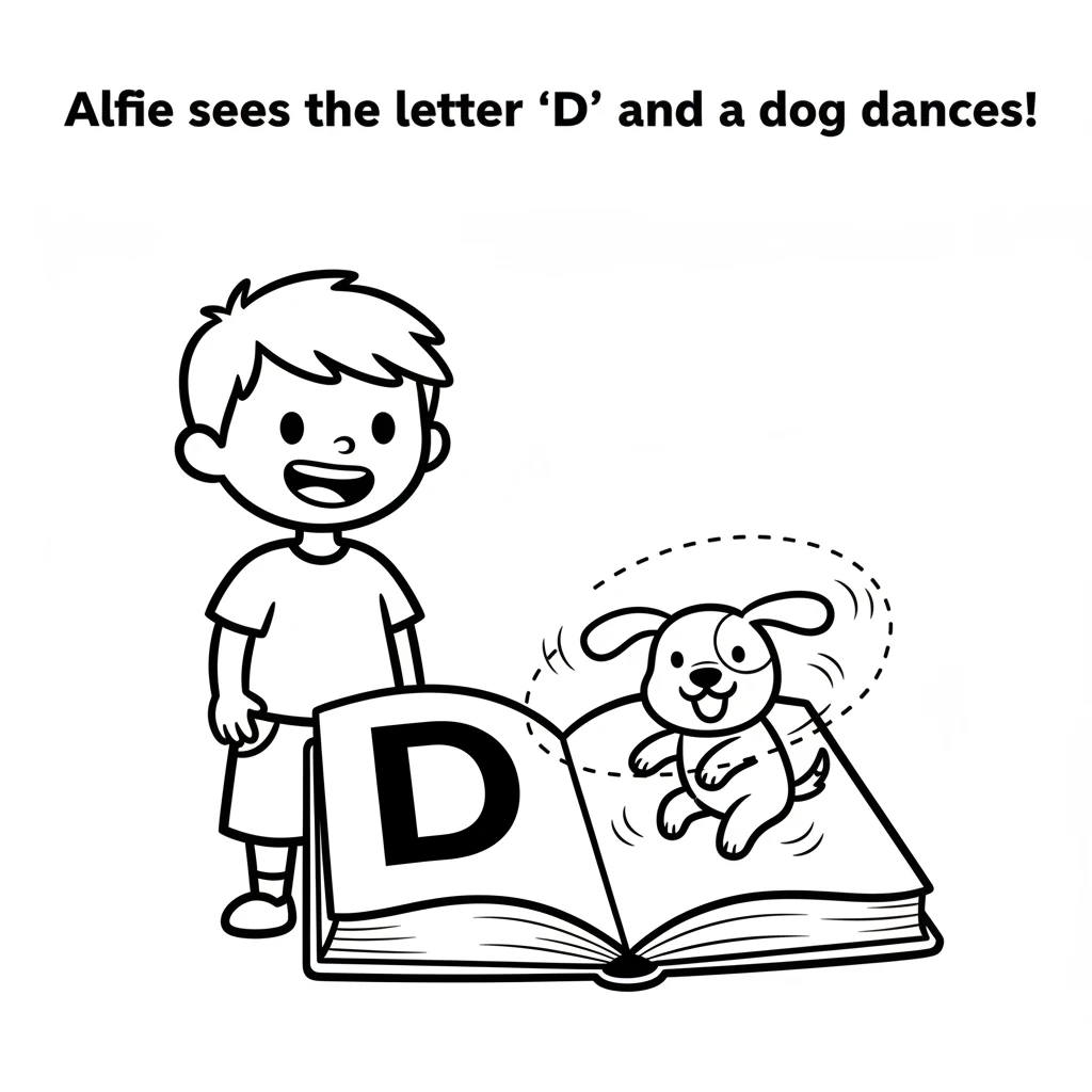 Alfie smiles as he sees the bold letter 'D'. From the page, a happy, wiggling dog with floppy ears dances out. The dog spins in a circle, wagging its