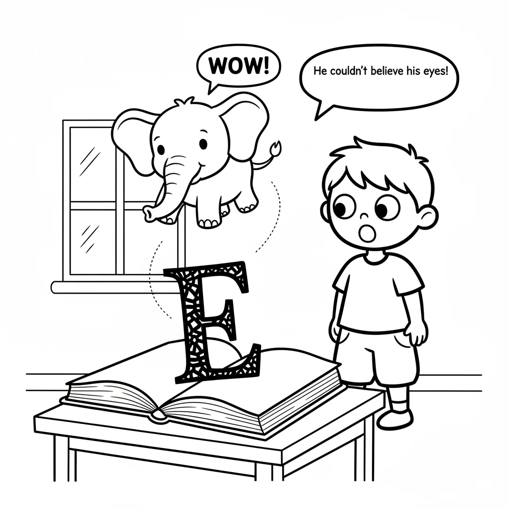 He turns to the elegant letter 'E'. To his amazement, a cheerful elephant with big ears and a long trunk floats gently upwards from the page, soaring