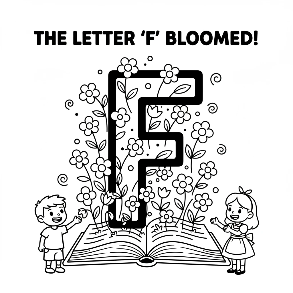 The next page shows a blooming letter 'F'. Beautiful, simple flowers with round petals and straight stems sprout from the book's pages, filling the ai