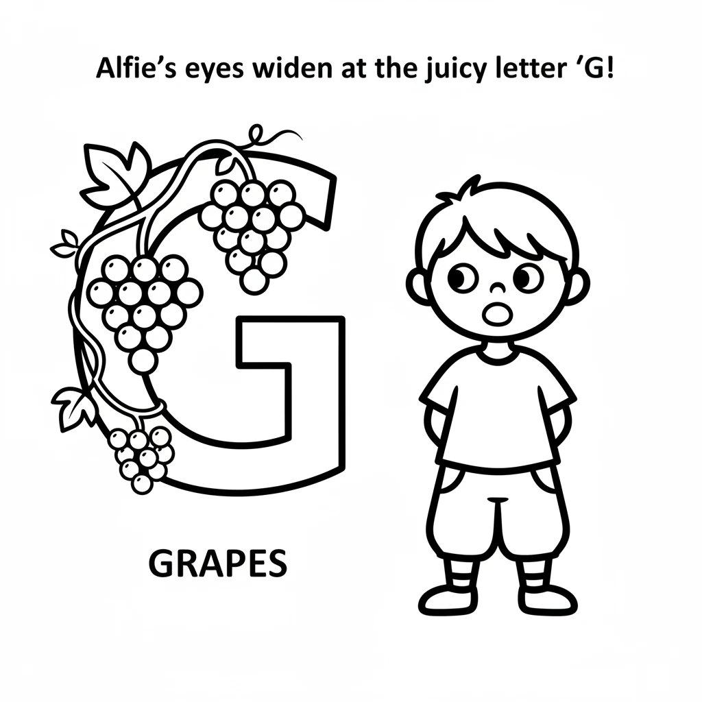 Alfie's eyes widen at the juicy letter 'G'. From the illustration, a bunch of perfectly round, delicious-looking grapes grows on a simple vine, ready