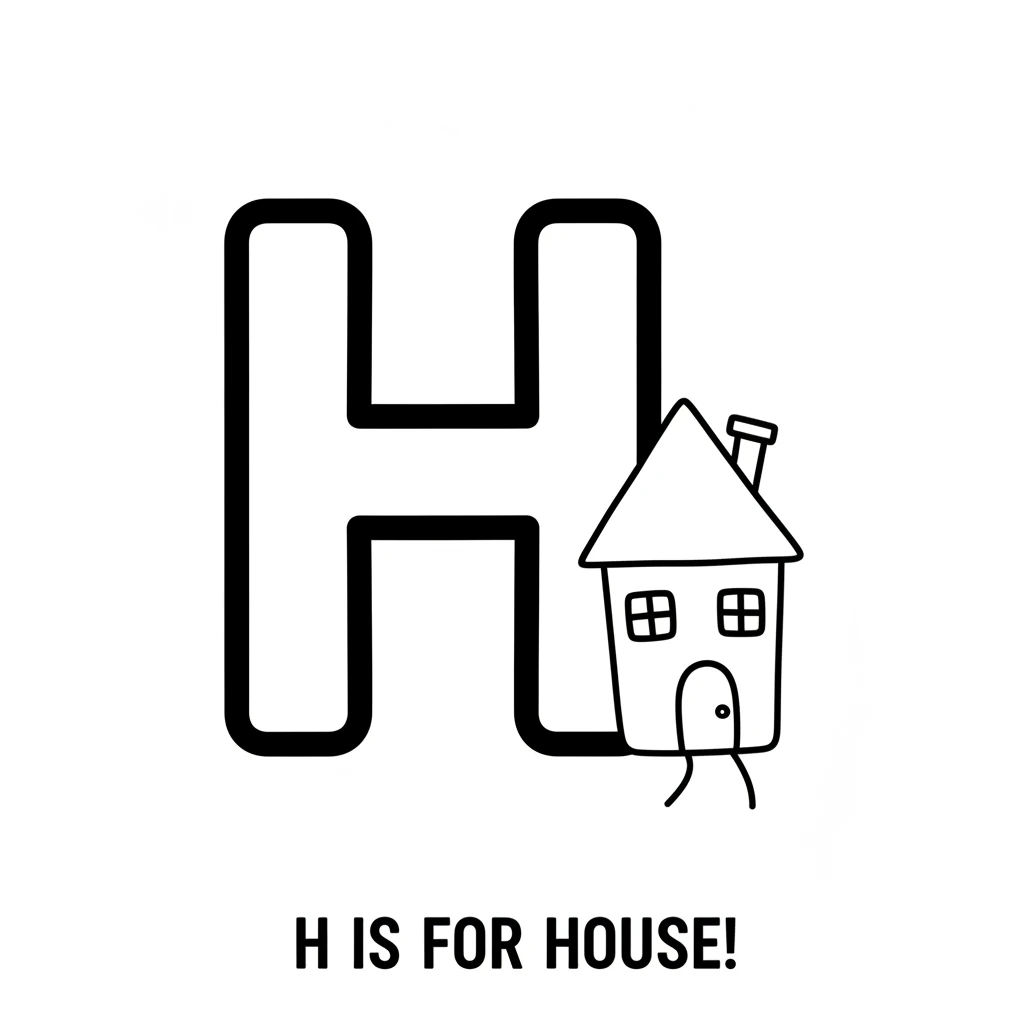 A cozy letter 'H' appears on the following page. Behind it, a small, welcoming house with a pointy roof and a tiny door peeks out, looking like a secr