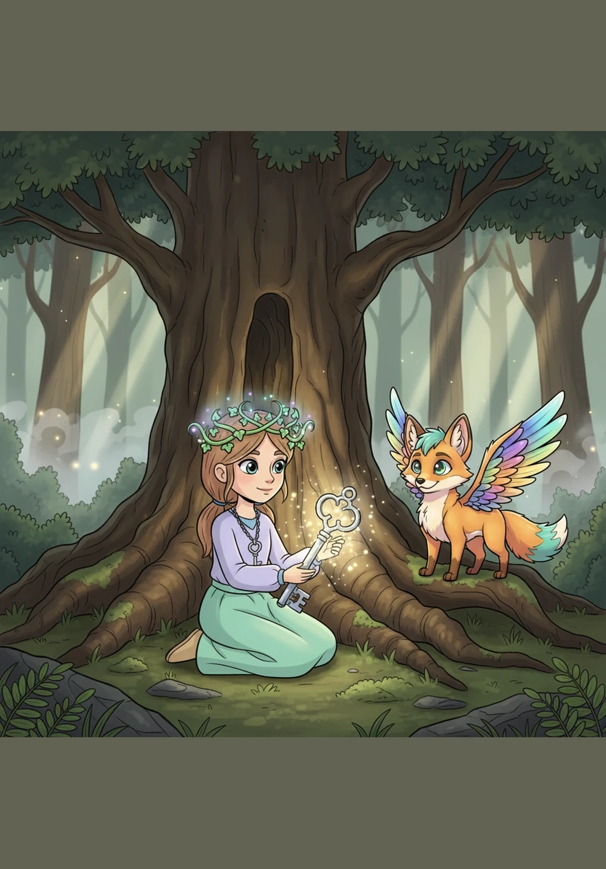 Deep within the misty woods, Elara discovers a silver key buried amongst the roots of a giant, ancient oak. The key pulses with a rhythmic, soft light that seems to beat like a tiny heart against her palm.