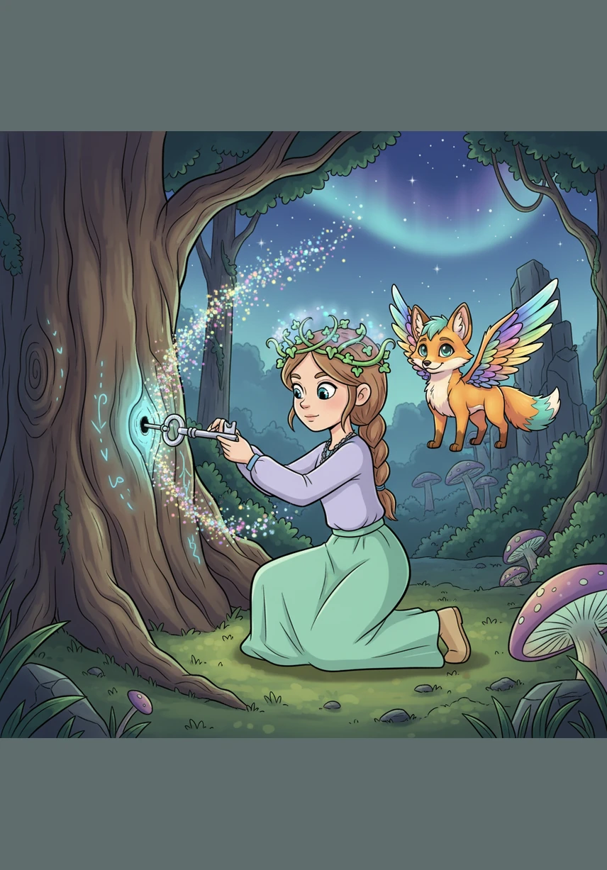 When Elara presses the key into a hidden knot in the tree's bark, the wood ripples like water. A magnificent doorway opens, revealing a breathtaking vista of floating islands and swirling purple clouds.