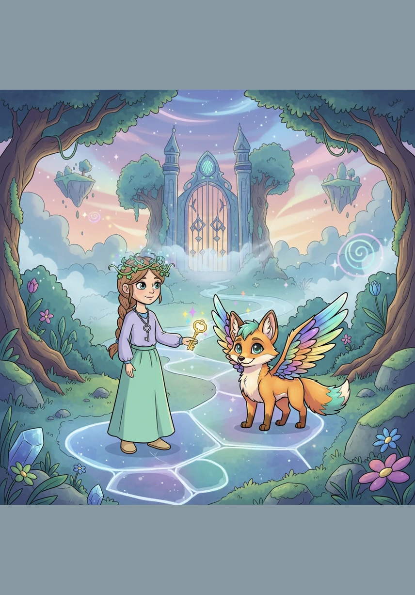 A fox with iridescent wings named Jasper greets Elara as she steps into the magical realm. He explains that the world is fading and only a courageous heart can find the lost light of the Crystal Spire.