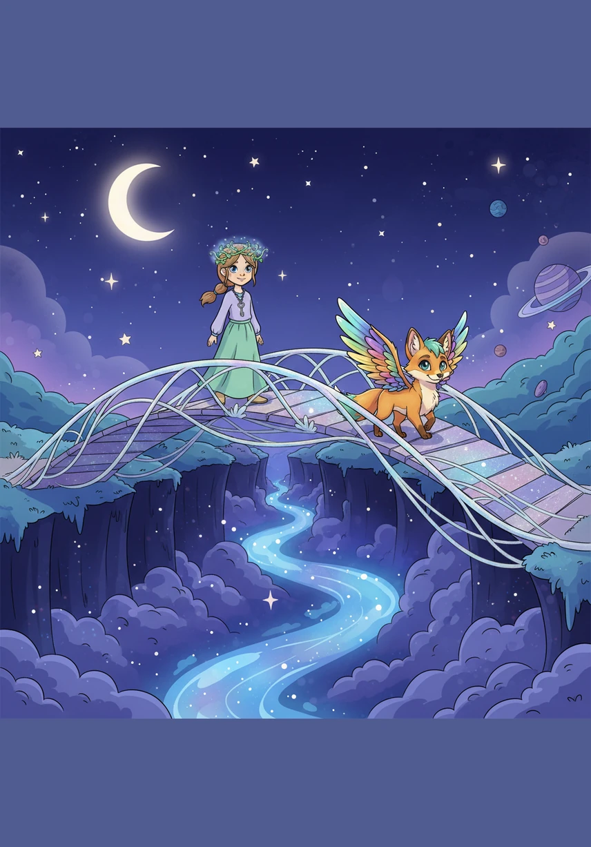 Together, they cross a bridge woven from shimmering threads of moonlight that stretches across a vast, starlit canyon. Below them, giant mushrooms glow in shades of neon blue and pink, lighting their way.