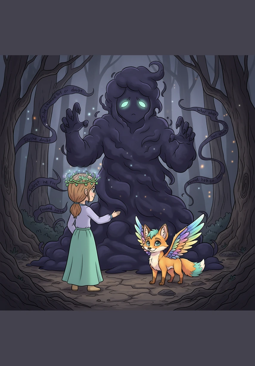 A towering shadow made of thick, dark mist rises to block their path, whispering doubts into the air. Instead of fleeing, Elara reaches out with kindness, realizing the shadow is a manifestation of the forest’s sadness.