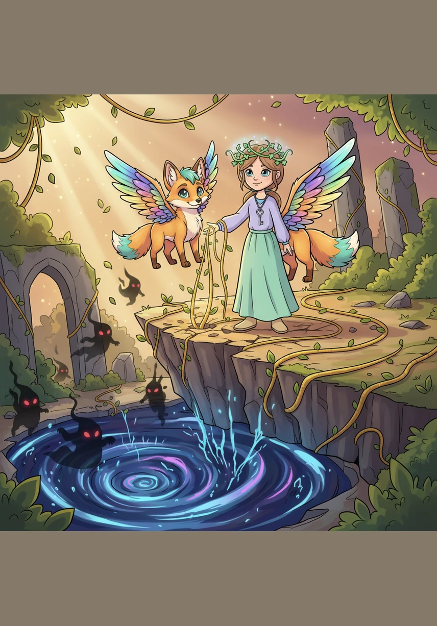 With a thunderous hum, the Great Emerald explodes with vibrant green energy, restoring life to the entire kingdom. The grey sky transforms into a dazzling sunset of gold and orange as the plants begin to sing.