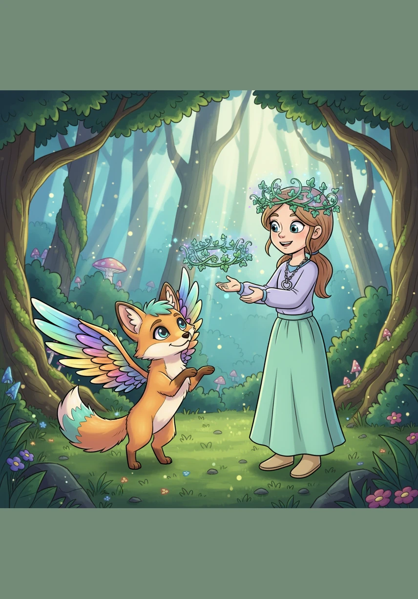 Jasper presents Elara with a crown made of enchanted ivy and shimmering stardust to honor her bravery. She has become the new Guardian, sworn to protect the balance between the two worlds.