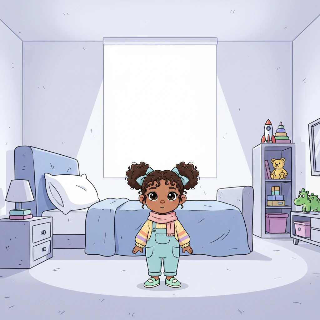 Mira stands tiny and overwhelmed in a vast, cold room. A towering bed looms behind her, and brightly colored toys sit high on shelves, far out of her reach. Sharp furniture edges gleam under a harsh white light.
