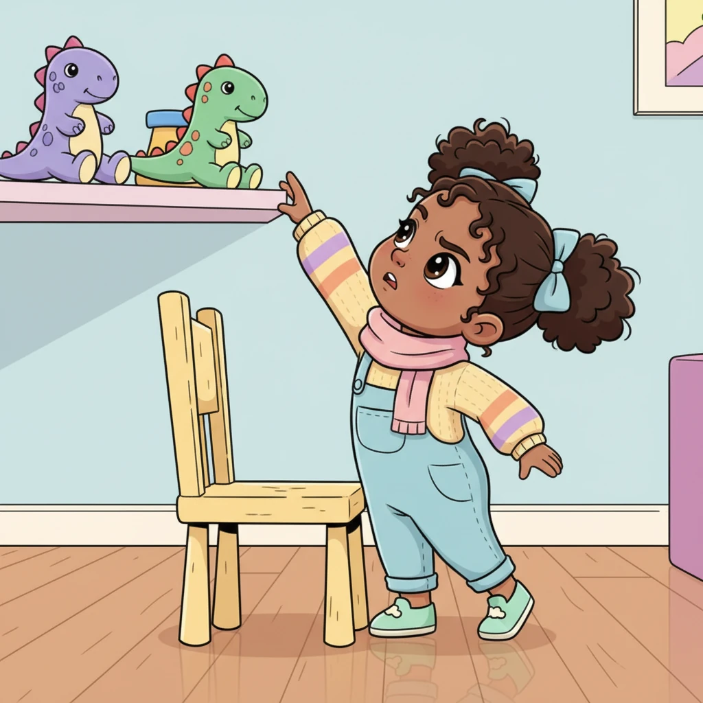 She tries to stretch her small hand towards a toy, standing on tiptoes near a tall, wobbly chair. Her face shows a mix of longing and frustration, her fingers barely brushing the distant shelf. The slippery floor offers no firm grip.