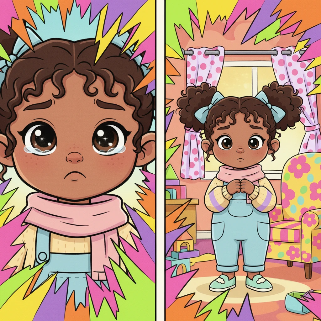 A close-up reveals Mira's expressive face, eyes wide with unshed tears, a trembling lip. The loud, clashing colors of the room seem to press in on her, making her feel small and unheard.