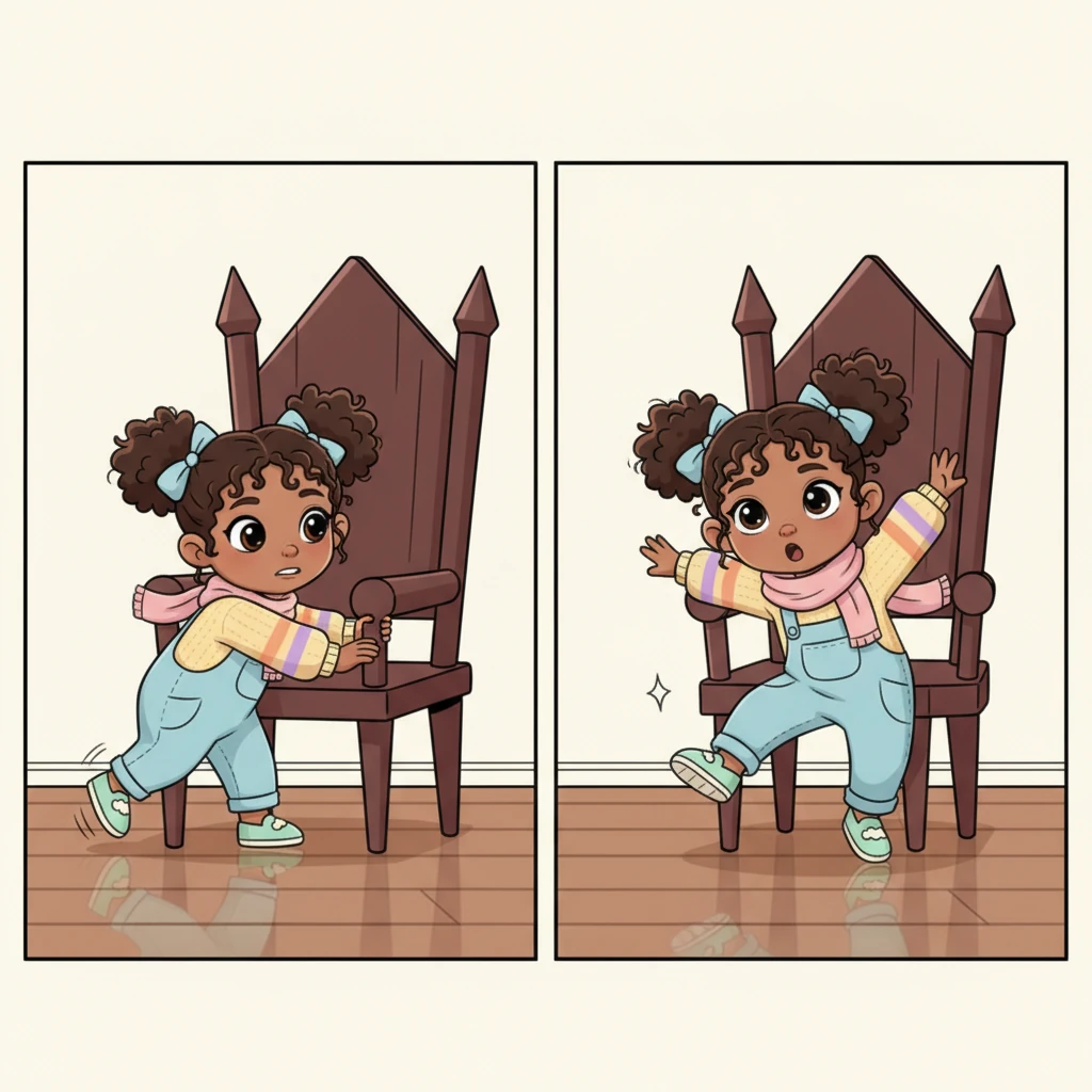 Mira tentatively attempts to climb a chair with pointy corners, her foot sliding slightly on the polished, unforgiving floor. The entire space feels designed for giants, not for her playful exploration.
