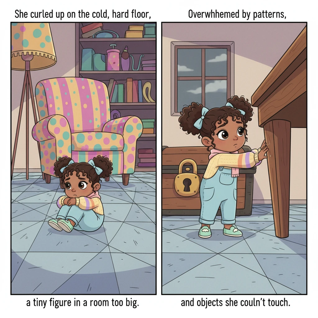 She curls up on the cold, hard floor, a tiny figure surrounded by overwhelming patterns and inaccessible objects. The room feels restrictive and unsafe, a place where she must always be careful.