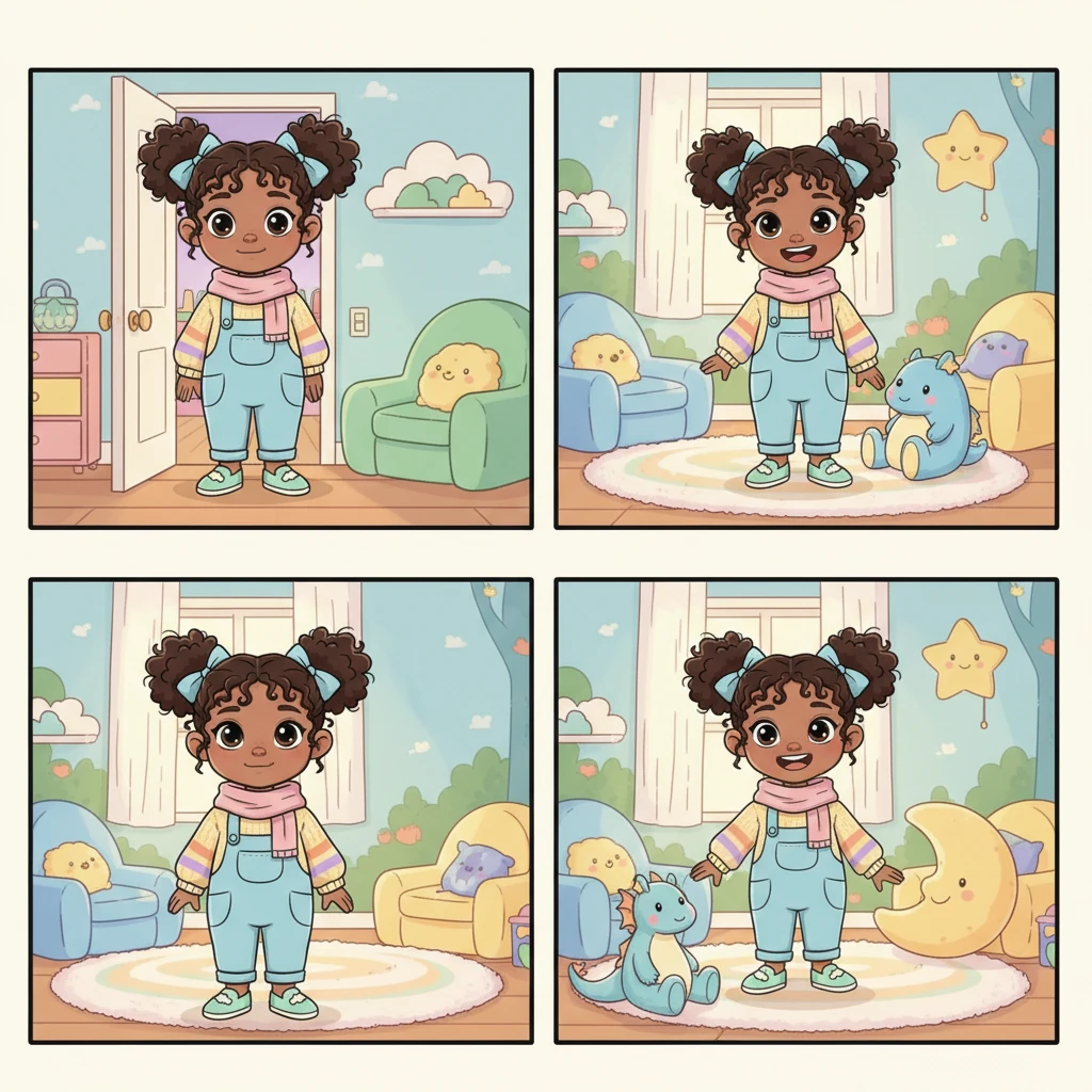 Mira steps into her redesigned room, her eyes wide with curiosity and a shy, hopeful smile spreading across her face. The soft, non-slippery floor feels inviting under her feet, welcoming her to explore.