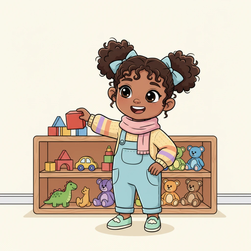 She confidently approaches a low, open shelf, filled with colorful toys displayed perfectly at her eye level. With a joyful hum, she easily chooses her favorite wooden block, feeling empowered and free.