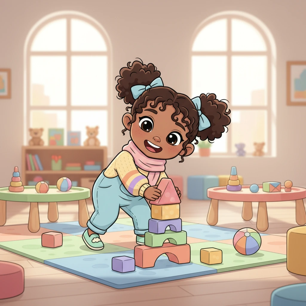Mira giggles, happily playing in a clearly defined play zone with soft mats and rounded activity tables. Her movements are joyful and uninhibited, as she builds a tower without any fear of sharp edges or slippery surfaces.