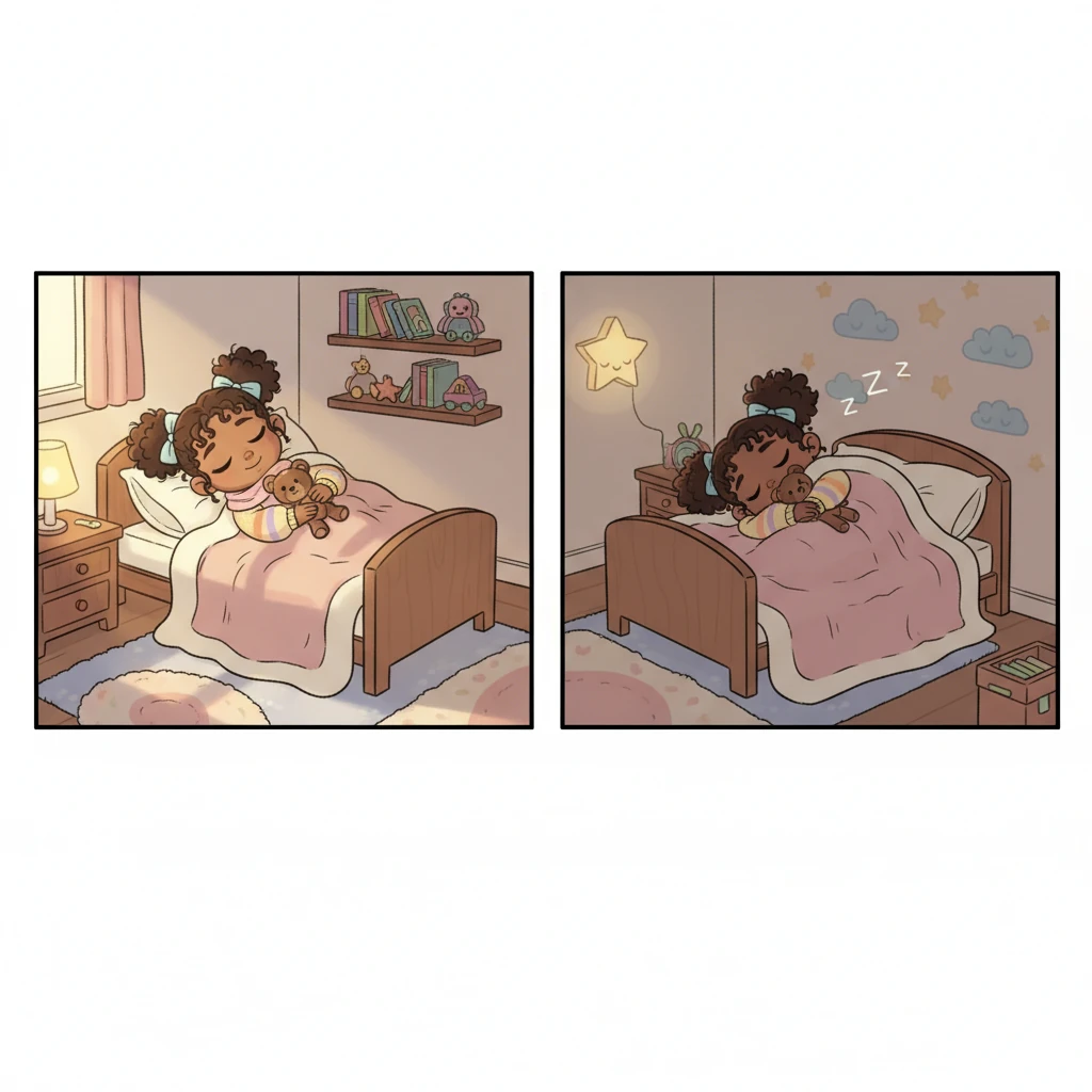 Finally, Mira snuggles comfortably in her cozy sleep zone, a low bed with soft blankets and gentle, natural light. The room is now a peaceful, safe haven, a perfect world where she feels loved, secure, and wonderfully free.