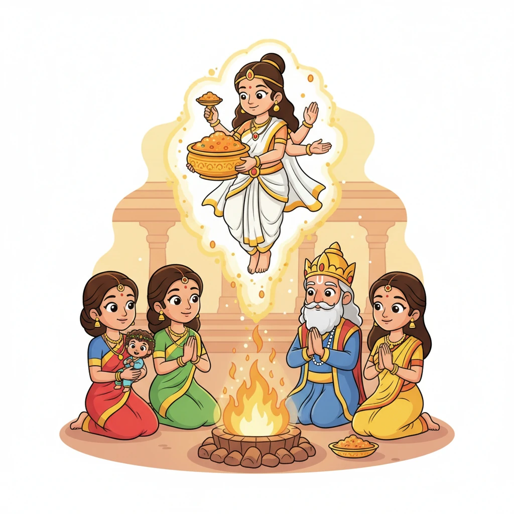King Dasharatha and his three queens longed for children. A grand yagna, a sacred fire ceremony, was performed with great devotion. Suddenly, a celestial being appeared, offering a divine sweet pudding, promising four wonderful sons for the royal family.