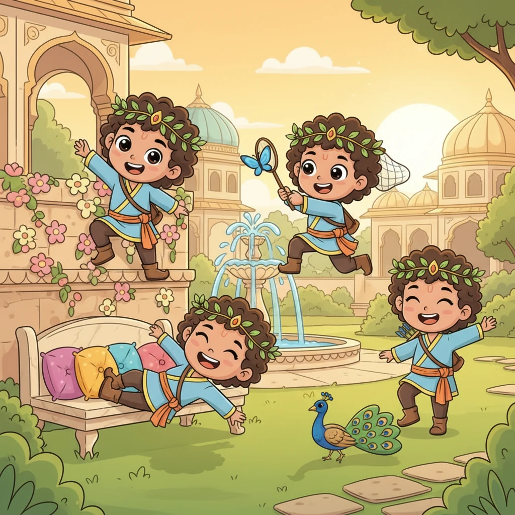 Soon, the palace filled with happy cries as four beautiful princes were born! Rama, Lakshmana, Bharata, and Shatrughna brought immense joy to Ayodhya. They were mischievous and full of life, always ready for a new adventure within the palace gardens.