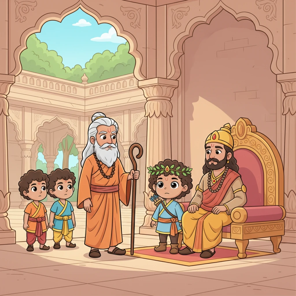 Years passed, and the princes grew strong and wise. One day, a powerful sage named Vishwamitra arrived, seeking King Dasharatha's help. He needed brave warriors to protect his sacred rituals from wicked demons in the forest.