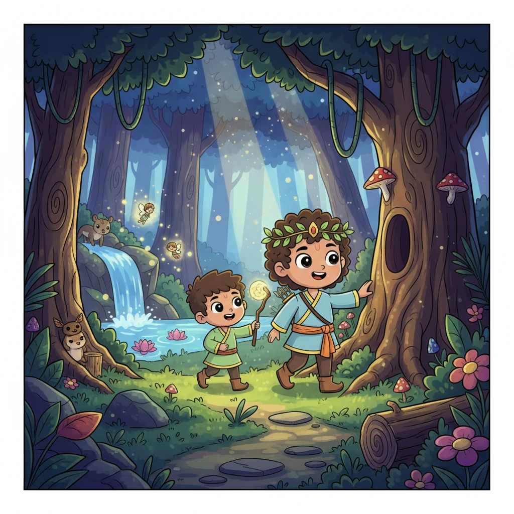 Though young, Prince Rama, accompanied by his loyal brother Lakshmana, bravely agreed to go with the sage. They journeyed deep into the mystical forest, a place full of towering trees and hidden wonders. The air was thick with magic and a hint of danger.