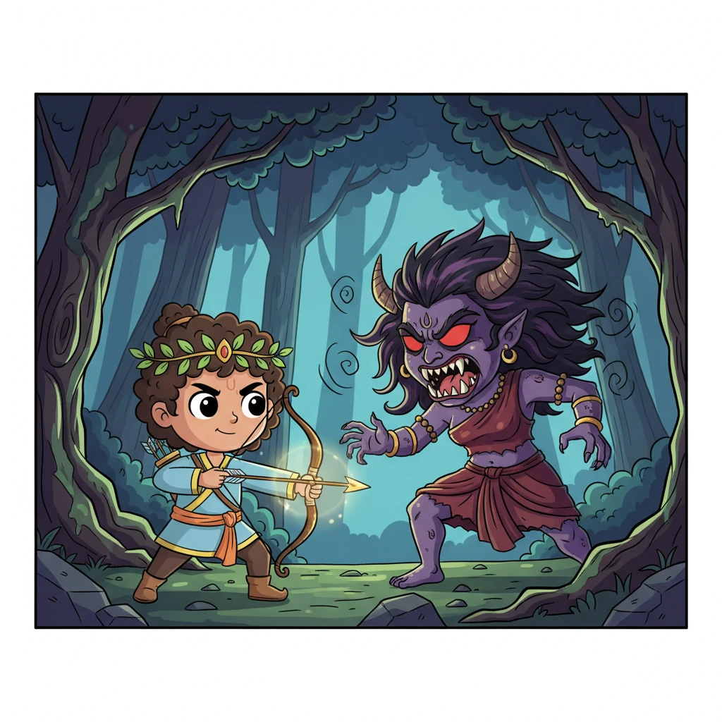 Deep in the forest, they encountered the monstrous demoness Tataka, who terrorized all living beings. Her roar echoed through the trees, but Little Rama stood firm. With courage and skill, he bravely faced the wicked creature, protecting the innocent.