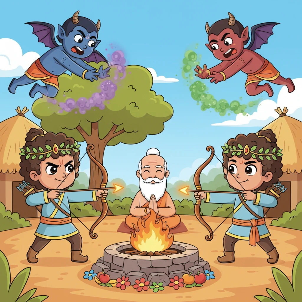 At Sage Vishwamitra's ashram, the princes guarded the sacred fire ceremony. Fierce demons, Maricha and Subahu, tried to disrupt it with their evil magic. Rama and Lakshmana, using their divine weapons, skillfully drove them away, ensuring peace.
