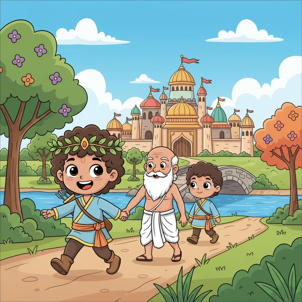 After the yagna was complete, the sage led the brothers to the beautiful kingdom of Mithila. King Janaka, the wise ruler, was hosting a special event there. The journey was filled with new sights and sounds, hinting at exciting things to come.