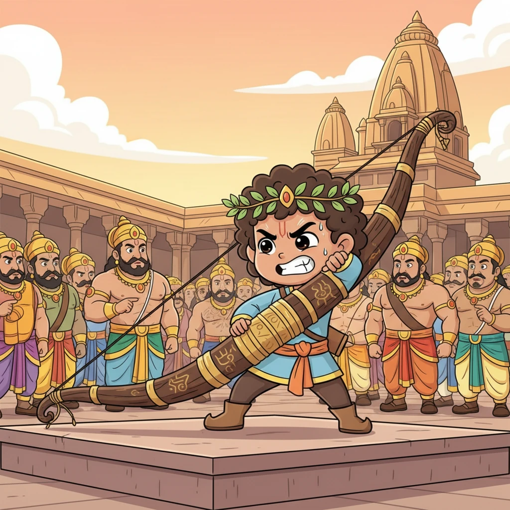 In Mithila, a magnificent, ancient bow of Lord Shiva was displayed. It was a mighty challenge: only the strongest and most virtuous could string it. Many powerful kings and princes had tried, but none could even lift the colossal weapon.