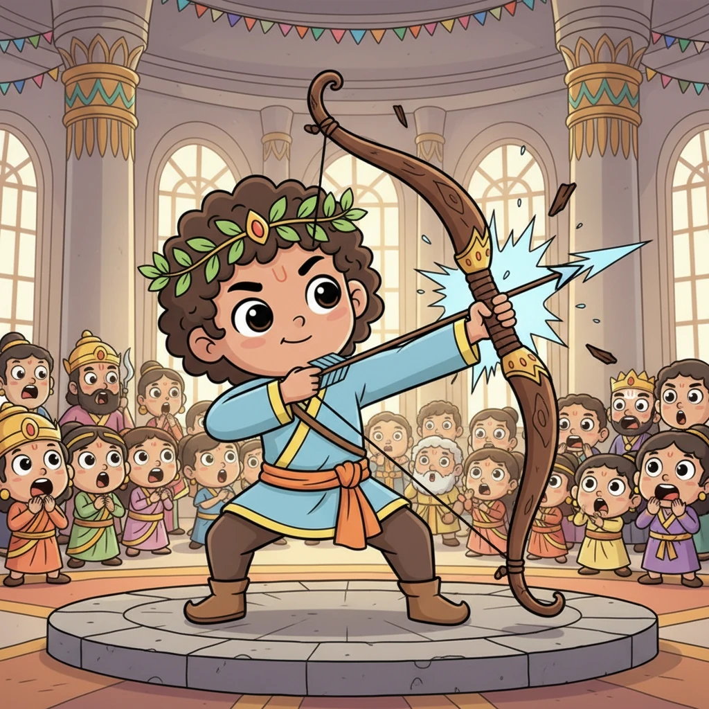Little Rama, with a gentle smile and immense strength, approached the bow. To everyone's astonishment, he not only lifted it with ease but also strung it with a powerful pull! The ancient bow snapped in two with a thunderous sound, echoing through the hall.