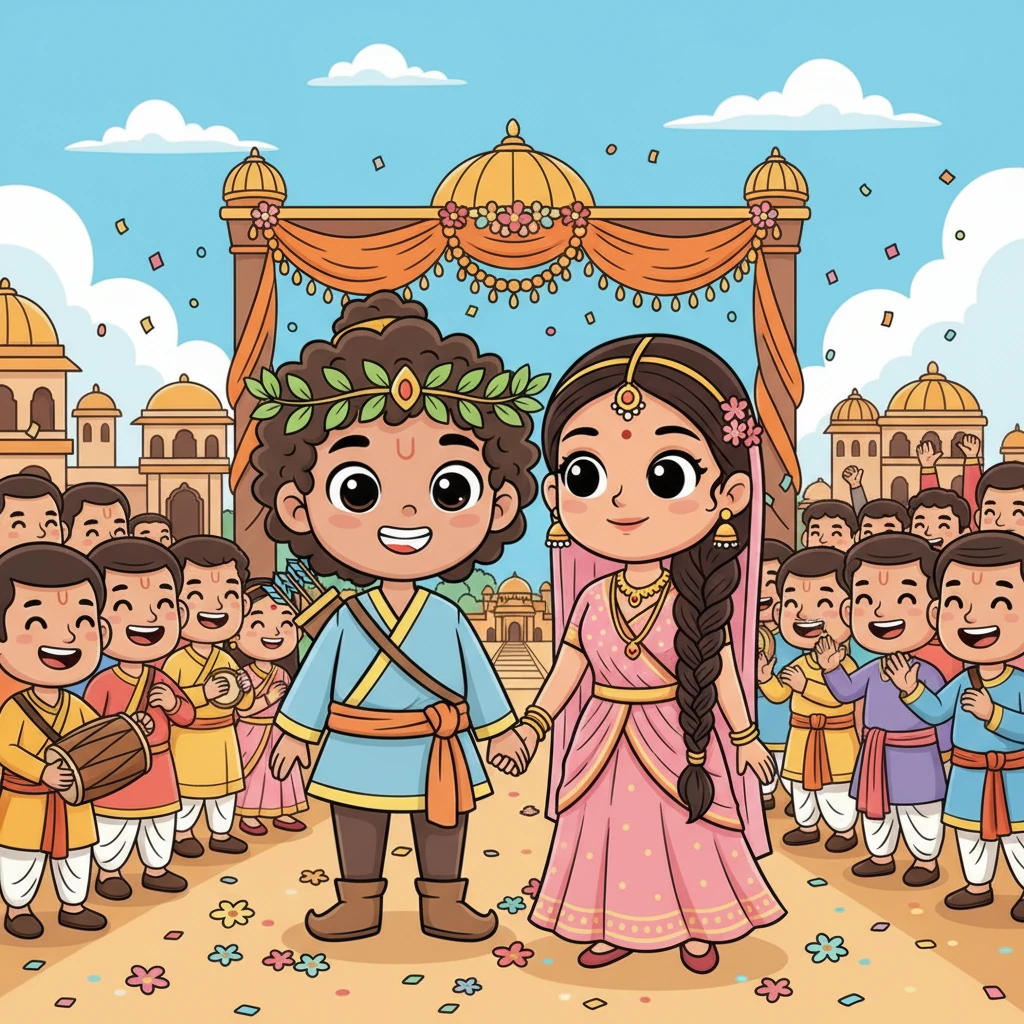 By winning the challenge, Rama won the hand of Princess Sita, King Janaka's beautiful and virtuous daughter. A grand wedding celebration followed, filling Mithila with music, laughter, and joy. The new couple returned to Ayodhya, welcomed by cheering crowds and a happy family.