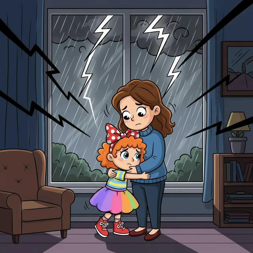 De repente, uma forte tempestade começou. Sofia sentiu medo, agarrando-se à sua mãe. O trovão ecoava, e a chuva caía forte. Ela percebeu que o medo era uma emoção que a protegia, avisando-a sobre o perigo.
