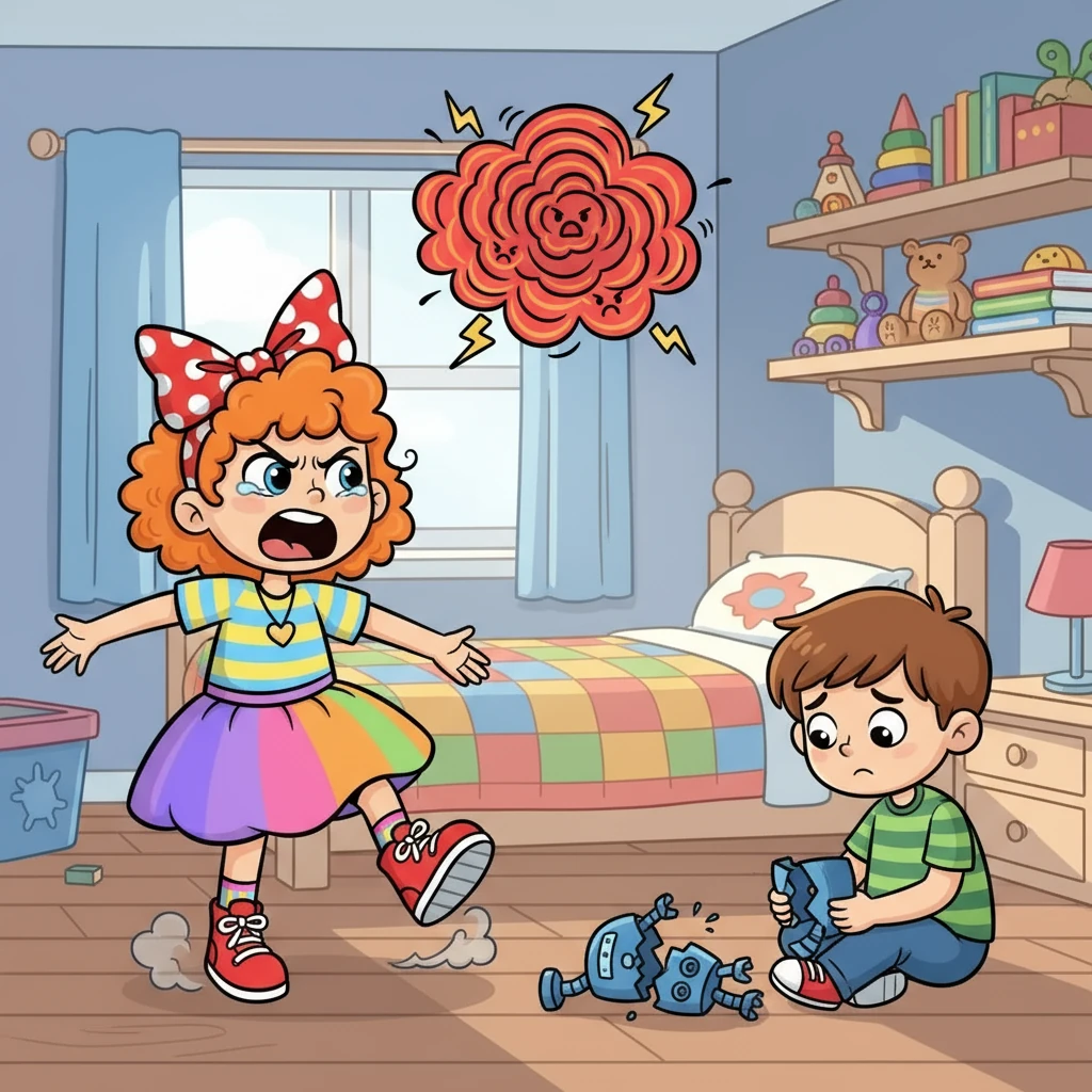 No dia seguinte, Sofia brigou com seu irmão por causa de um brinquedo. Ela sentiu uma raiva que a fez gritar e bater o pé. Depois, ela entendeu que a raiva era um sinal de que algo estava errado, e que precisava se acalmar.
