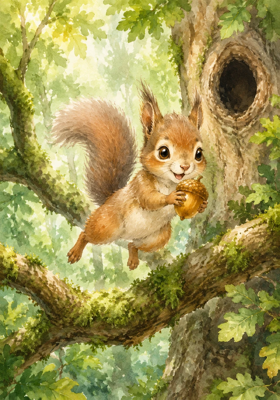 Deep in a lush, green forest where the sunlight dances through the leaves, a cheerful little squirrel named Nibble spends his days leaping from branch to branch. His absolute favorite thing to do is hunt for plump, shiny acorns to store in his cozy tree hollow.