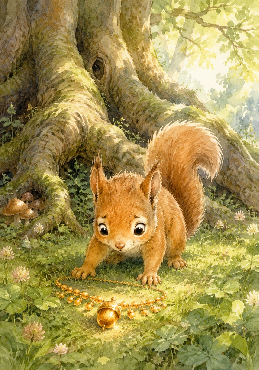 One bright afternoon, while scampering near the roots of a giant, ancient oak tree, something sparkling in the soft green grass catches Nibble’s eye. He bends down and discovers a beautiful, gleaming golden nut necklace resting gently on the clover.