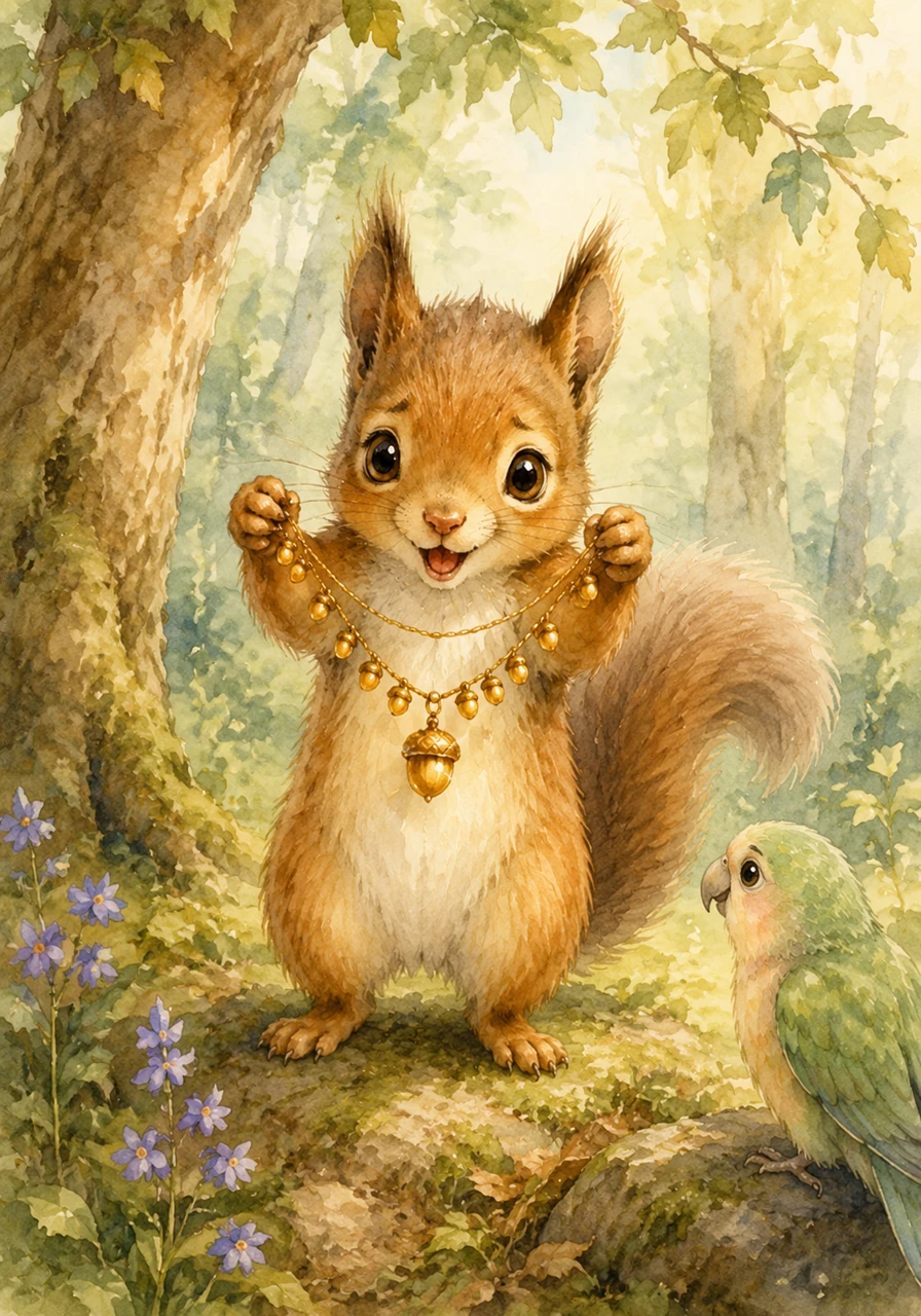 Nibble lifts the glittering necklace, his eyes wide with wonder and excitement. He imagines how grand and important he would look wearing it, thinking everyone in the woods would treat him like the most special squirrel in the world.