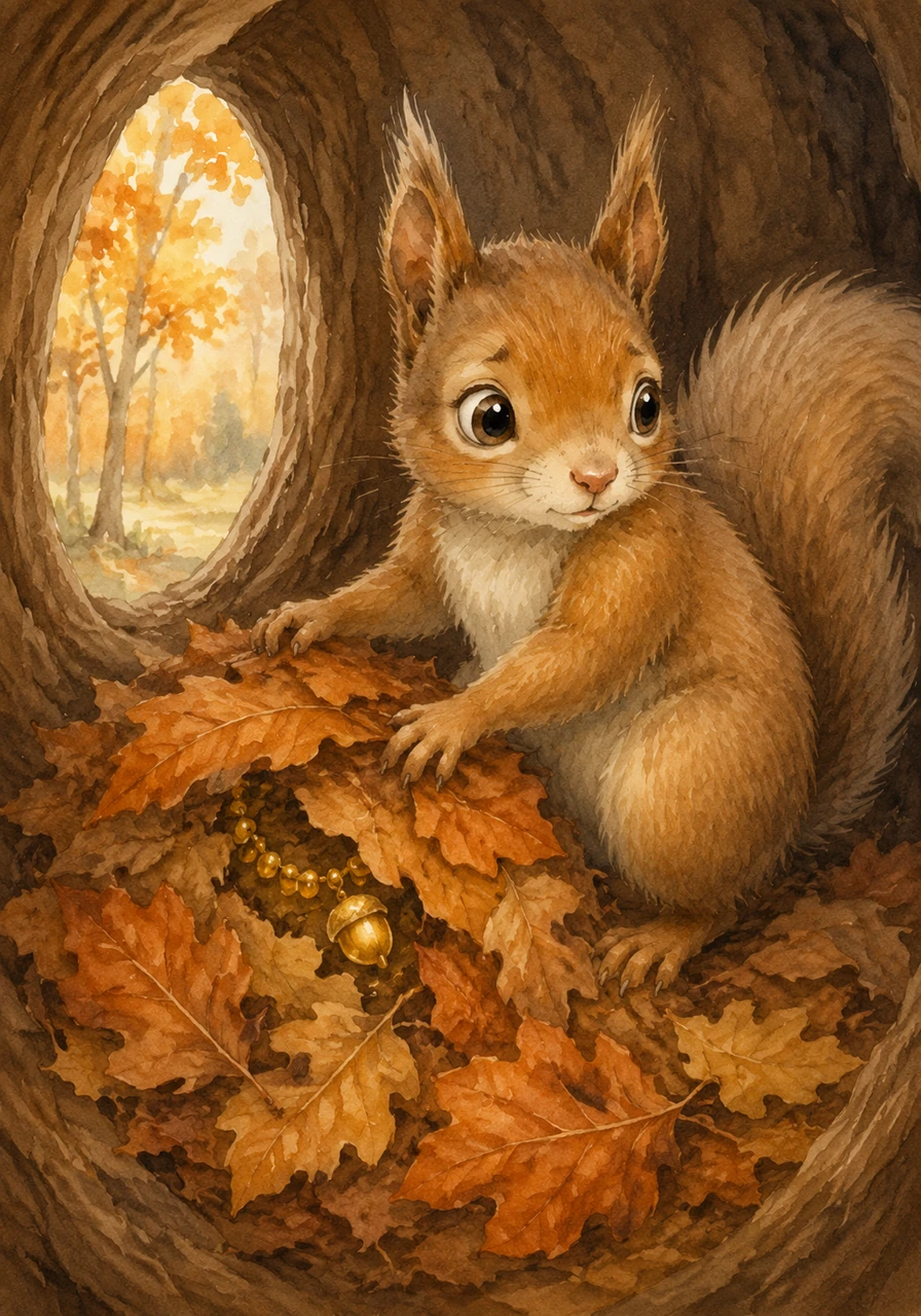 Glancing around to make sure no one is watching, Nibble quickly scurries up his favorite tree and hides the beautiful treasure deep inside his hollow home. He carefully covers the golden necklace under a thick blanket of dry, crunchy autumn leaves.