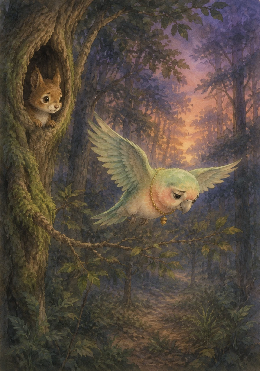 As twilight falls over the forest, a soft, sorrowful crying echoes through the branches. Nibble peeks out from his tree and sees kind Mrs. Parrot flying slowly from branch to branch, her head bowed in deep sadness as she searches the ground.