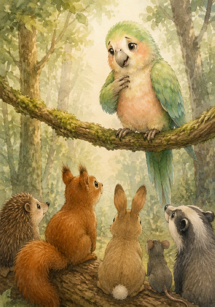 Mrs. Parrot stops on a nearby bough, her eyes misty with tears as she explains to the listening woodland creatures that she lost a precious golden necklace. She whispers softly that it was a cherished gift from her mother and means the world to her.