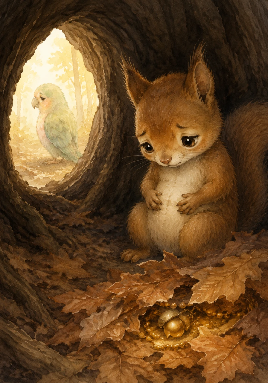 Inside his dark hollow, Nibble listens to her sad voice, and a heavy, uncomfortable feeling grows deep in his tummy. He looks at the pile of leaves hiding the treasure and realizes that keeping it has only brought him guilt instead of happiness.