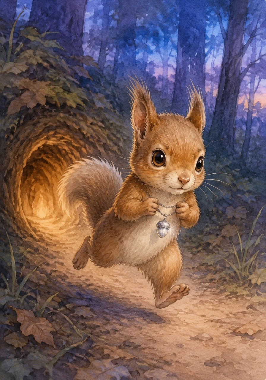 Taking a deep, brave breath, Nibble gathers his courage and uncovers the sparkling necklace. He grips it tightly in his small paws and rushes out into the cool evening air, determined to fix his mistake and make things right.