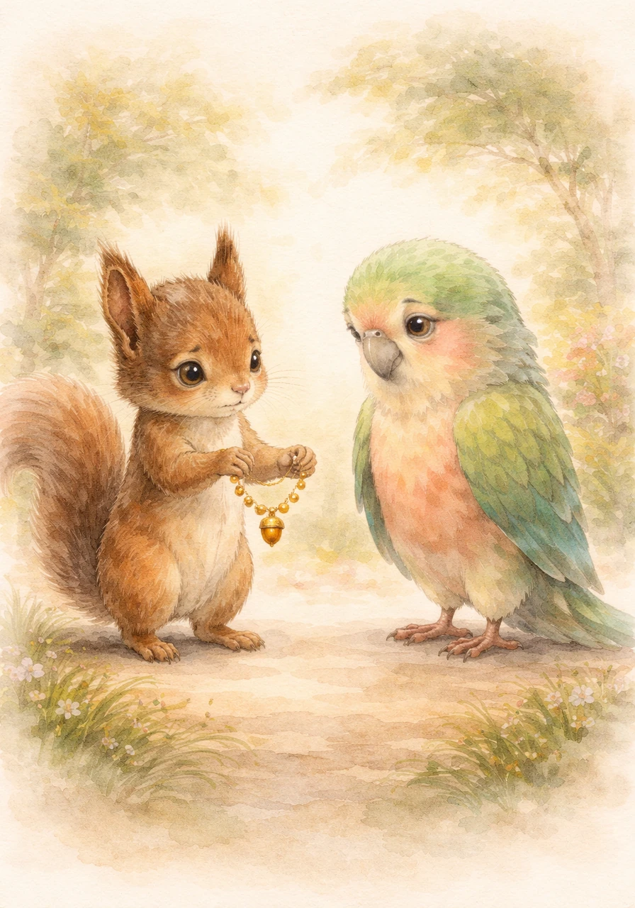 Nibble approaches the sorrowful bird and shyly holds out the glittering golden necklace. With a remorseful but honest heart, he apologizes for hiding it and explains how he wanted to keep it because it was so pretty, but knew it truly belonged to her.