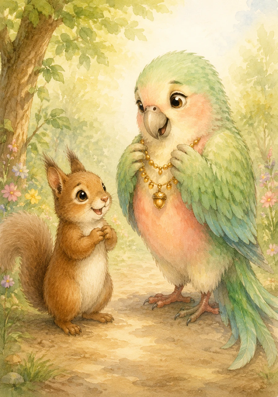 Mrs. Parrot’s face lights up with pure joy as she gently takes her precious necklace back. Smiling warmly down at the brave little squirrel, she praises his honesty, and Nibble instantly feels light, happy, and proud of doing the right thing.