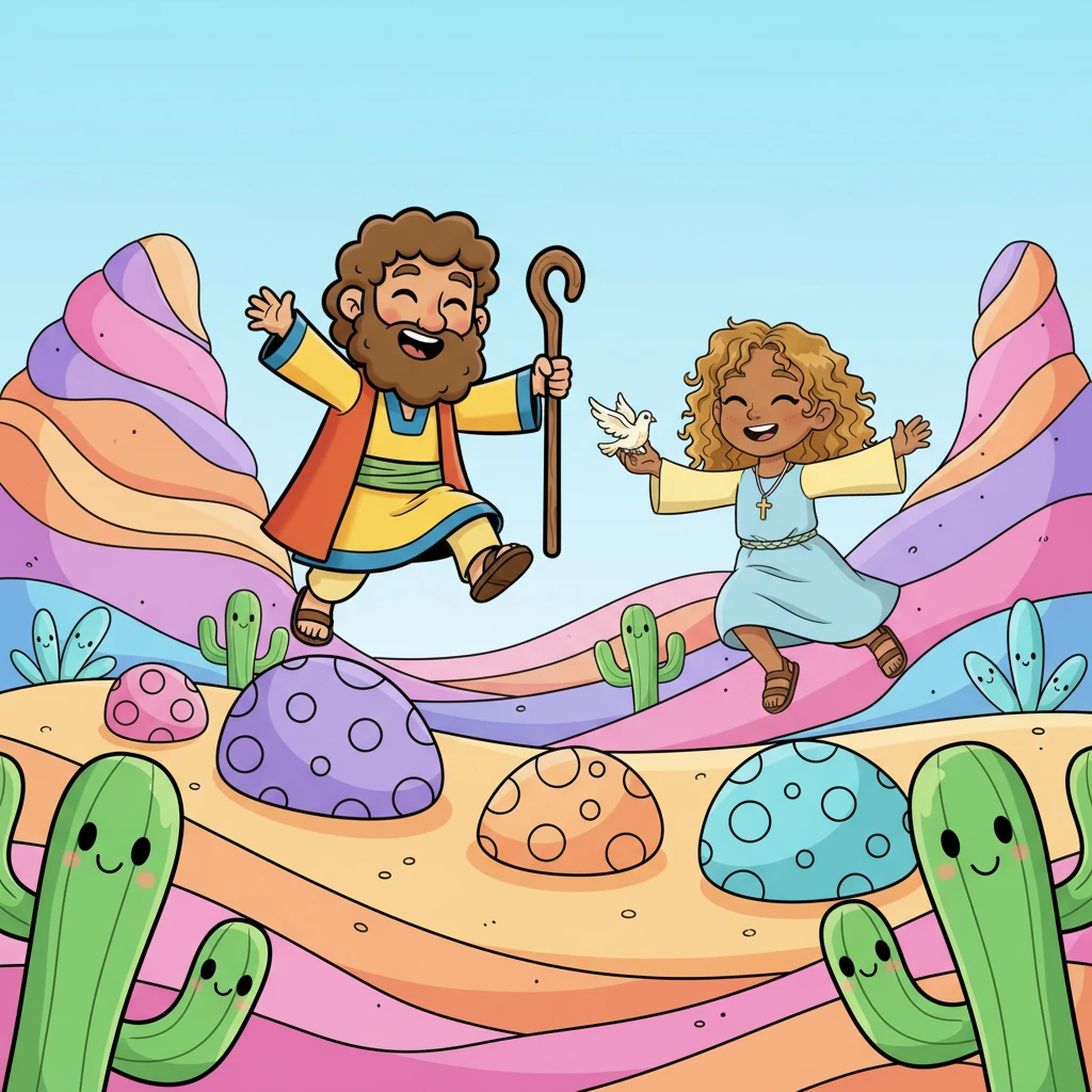 Their path through the dunes was a cheerful challenge, with giant, swirling candy-colored sand formations and friendly, wobbly cactuses. Elara and Pip laughed as they navigated a tricky, bouncy rock path, their spirits light.