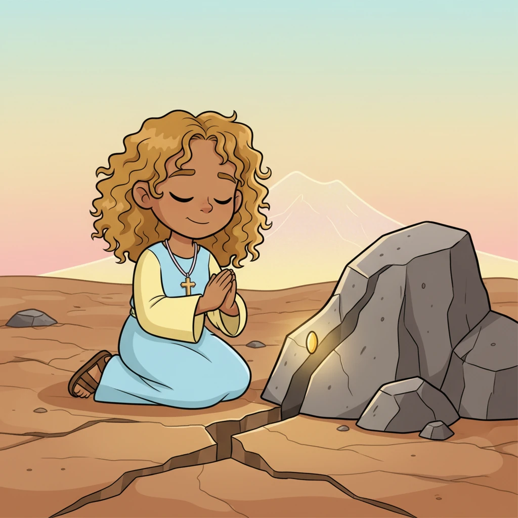 But then, she remembered the old tales of faith, how even a tiny bit could move mountains. Taking out her glowing seed, Elara knelt by the cracked rock, planting it gently and closing her eyes in a silent, heartfelt prayer.