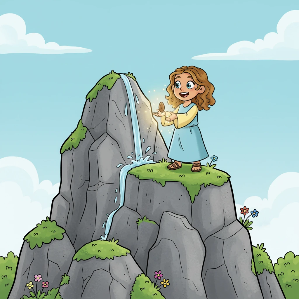 A soft, magical shimmer appeared around the seed, and with a delighted squeak from Pip, a tiny, crystal-clear trickle of water began to seep from the very top of the giant rock, dancing down its face.
