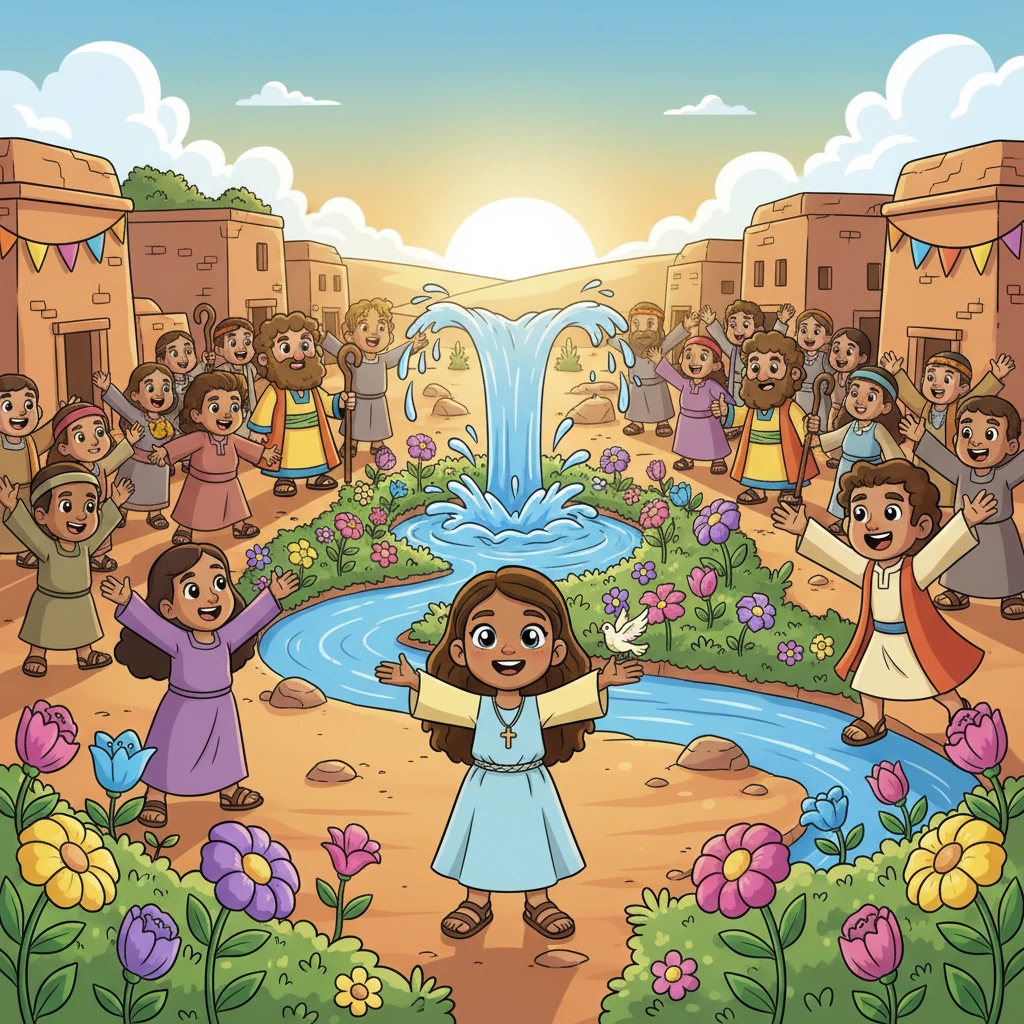 Elara and Pip returned home to a grand celebration! The spring in the village was overflowing with fresh water, and the desert around them bloomed with fantastical flowers, all thanks to one small girl's big faith.
