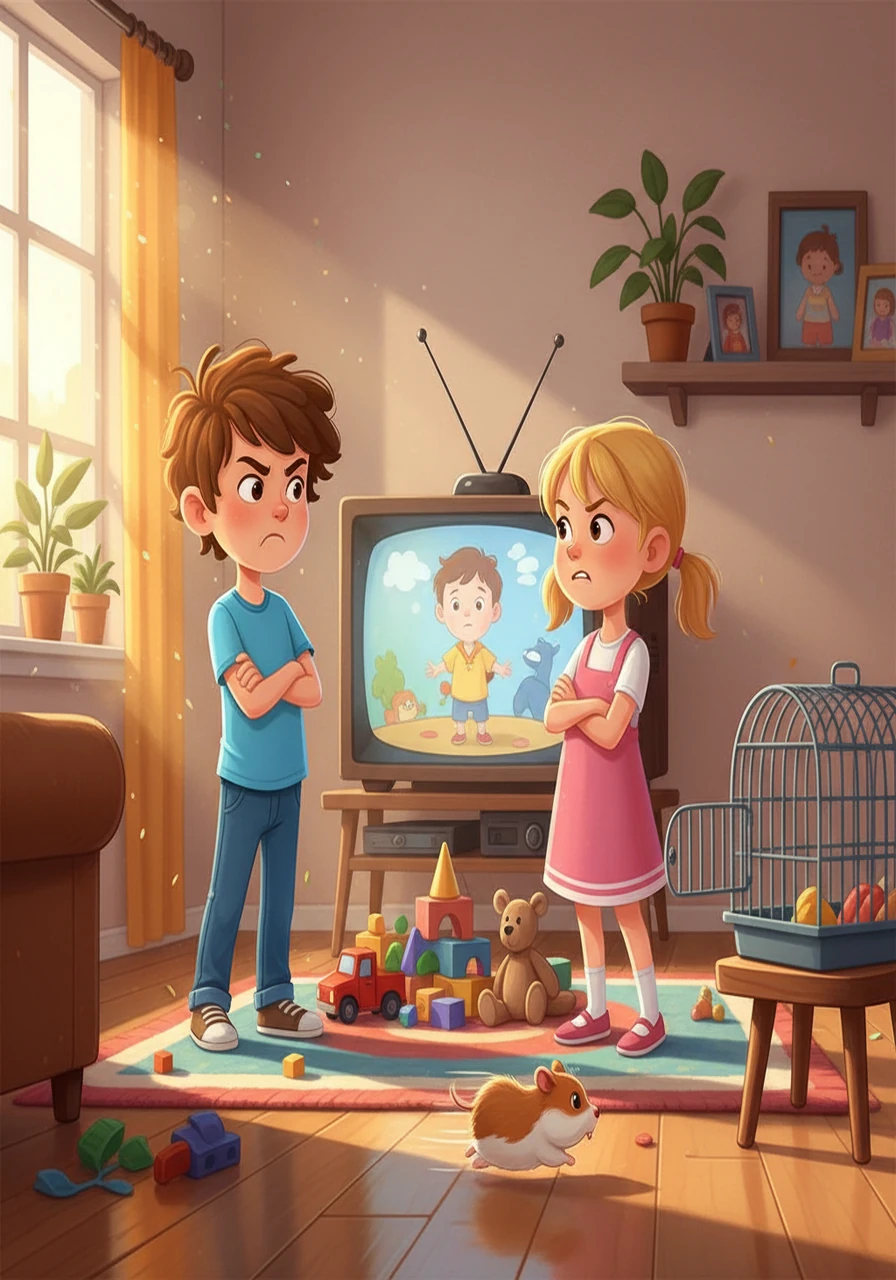 Max and Maya were often at odds, squabbling over toys and television shows. One sunny afternoon, they were mid-argument when a tiny, furry blur shot past their feet – it was Hammy, their pet hamster, escaping from his cage!