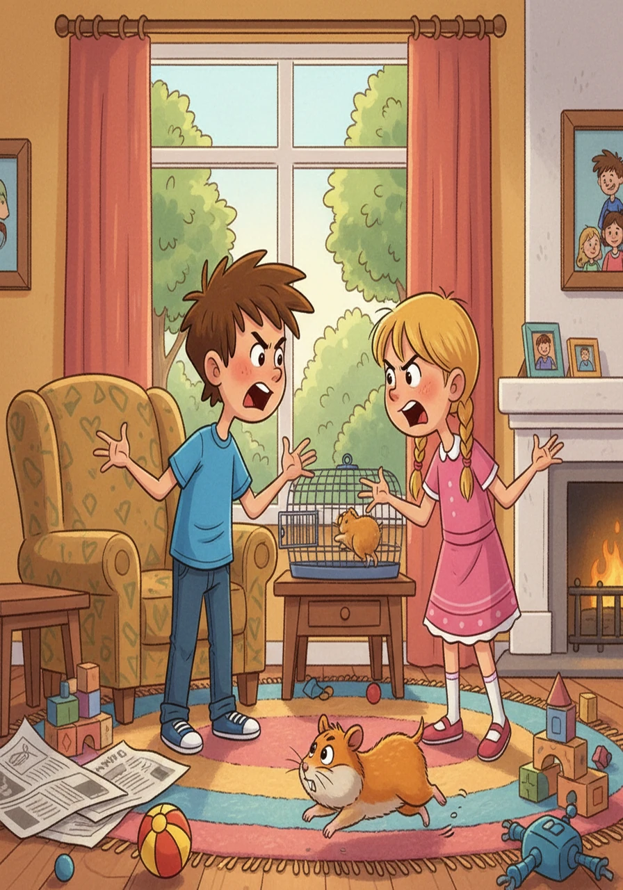 An illustration of a brightly lit living room shows Max and Maya arguing. Hammy, a small hamster, is escaping from his cage. The cage door is open and Hammy is running toward the foreground.